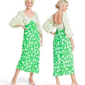 RIXO X TARGET Sz 2 Green Daisy‎ Ditzy Midi Dress Milkmaid Feminine Coquette